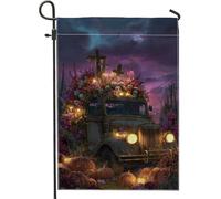 Bandiera vintage da giardino con camion di Halloween, decorazione per esterni con teschi floreali viola, striscione in iuta su entrambi i lati per decorazione autunnale del prato 30,5 x 45,7 cm
