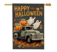 Bandiera vintage da giardino con camion Happy Halloween, decorazione autunnale con fantasmi di zucca grigia, striscione su entrambi i lati per decorazione da giardino in iuta per esterni, 71 x 101 cm