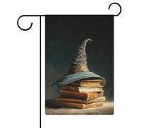 Bandiera vintage da giardino con cappello da strega su vecchi libri, in iuta su entrambi i lati, 30,5 x 45,7 cm