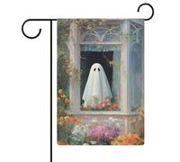 Bandiera vintage da giardino con fantasma carino in una finestra, in iuta su entrambi i lati, 30,5 x 45,7 cm