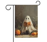 Bandiera vintage da giardino con fantasma che legge nel bosco, per le vacanze stagionali, in iuta, su entrambi i lati, 30,5 x 45,7 cm