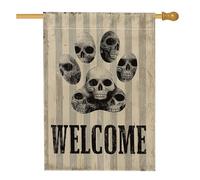 Bandiera vintage da giardino di benvenuto con teschio, striscione da esterno a righe beige, bandiera da giardino in iuta su entrambi i lati, per decorazione per feste di Halloween, 71 x 101 cm