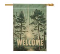 Bandiera vintage da giardino di benvenuto della foresta, pino verde, decorazione rustica per esterni, striscione naturale stagionale per la decorazione della casa, cartello da cortile su entrambi i