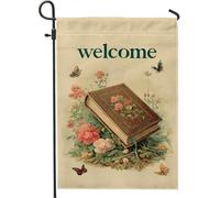 Bandiera vintage da giardino di benvenuto, design floreale beige, striscione in iuta su entrambi i lati, decorazione per prato esterno per primavera estate 30,5 x 45,7 cm