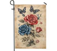 Bandiera vintage da giardino estiva, con rose rosse e blu, decorazione per esterni, striscione in iuta su entrambi i lati per decorazione del prato delle vacanze, 30,5 x 45,7 cm