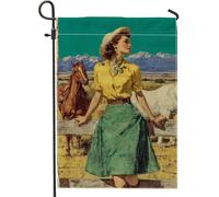 Bandiera vintage da giardino in stile fattoria, ragazza di campagna gialla con cavalli, decorazione per esterni, striscione in iuta su entrambi i lati per la decorazione del prato primaverile estivo