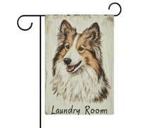 Bandiera vintage in legno con cane da pastore per lavanderia e giardino, vacanze stagionali, juta, doppia faccia, bandierine esterne 30,5 x 45,7 cm