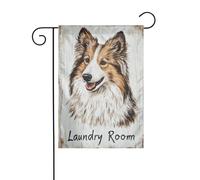 Bandiera vintage in legno con cane pastore per lavanderia e giardino, 30 x 45 cm, verticale su entrambi i lati, decorazione per casa colonica, vacanze, esterni, bandiera da cortile