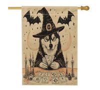 Bandiera vintage per casa del cane Husky di Halloween, 71,1 x 101,2 cm, double-face, decorativa per esterni, tarocchi strega cucciolo, bandiera per la casa, divertente bandiera da giardino