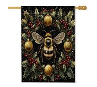 Bandiera vintage per casa delle api di Natale, 71 x 101 cm, double-face, per esterni, con palline di agrifoglio e insetti, in tela, per vacanze, Capodanno, per esterni, cortile, prato