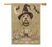 Bandiera vintage per la casa del cane Labradoodle di Halloween, 71 x 101 cm, double face, decorativa per esterni, tarocchi strega cucciolo, bandiera per la casa, divertente strega all'aperto piccola