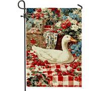 Bandiera vintage primaverile estiva da giardino, anatra a scacchi rossi floreale per la casa, decorazione per la casa su entrambi i lati, decorazione per prato esterno 30,5 x 45,7 cm