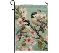 Bandieras Da Cortile Chickadee Bloom Spring Peach Florals Bird Divertente Bandieras Durevole Bandiera Di Benvenuto Tutte Le Stagioni Bandiera Garden Per Patio Spiaggia 30X45Cm