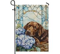 Bandieras Da Cortile Chocolate Lab Dog Blue Hydrangea Florals Divertente Bandieras Tutte Le Stagioni Striscione Durevole Garden Flag Per Spiaggia Patio Esterni 30X45Cm