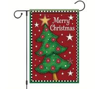 Bandieras Da Cortile Christmas Tree Star Red Background Bandiera Di Benvenuto Tutte Le Stagioni Garden Flag Anniversario Striscione Per Veranda Esterni Patio 90X150Cm