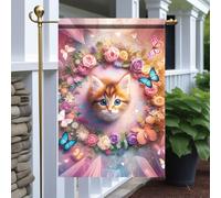 Bandieras Da Cortile Cute Kitten Adorable Cat Surrounded By Flowers And Butterflies Spring Florals Alta Qualità Striscione Tutte Le Stagioni Garden Flag Per Spiaggia Veranda M