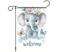 Bandieras Da Cortile Elephant Welcome Cute Baby Elephant With Florals Crown And Butterflies Durevole Divertente Bandieras Decorativo Bandiera Di Benvenuto Per Veranda Prato S