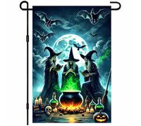 Bandieras Da Cortile Halloween Witch Spooky Full Moon Bats Cauldron And Three Witches Decorativo Divertente Bandieras Tutte Le Stagioni Garden Flag Per Veranda Patio M