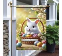 Bandieras Da Cortile Happy Easter Bunny Basket Cute White Rabbit With Colorful Eggs Spring Holiday Anniversario Striscione Tutte Le Stagioni Bandiera Garden Per Spiaggia Prato S