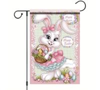 Bandieras Da Cortile Happy Easter Bunny Cute White Rabbit With Basket Of Eggs Pink Dress Spring Florals Alta Qualità Striscione Anniversario Bandiera Di Benvenuto Per Spiaggia Prato S