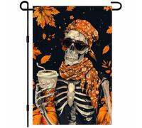 Bandieras Da Cortile Happy Halloween Cool Skeleton Sunglasses Coffee Autumn Leaves Spooky Tutte Le Stagioni Bandiera Garden Decorativo Striscione Per Esterni Prato M