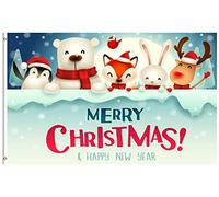 Bandieras Da Cortile Happy New Year Cut Animals Cardinal Bird Elk Fox Rabbit Penguin Bear Christmas Divertente Bandieras Striscione Durevole Per Spiaggia Patio 90X150 Cm