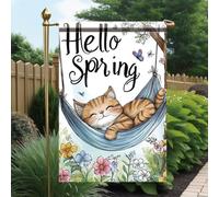 Bandieras Da Cortile Hello Spring Cat Cute Sleeping Kitty In Hammock With Flowers And Butterflies Tutte Le Stagioni Divertente Bandieras Alta Qualità Bandiera Di Benvenuto Per Spiaggia Veranda M