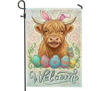 Bandieras Da Cortile Highland Cow Spring Fanciful Easter Eggs Butterfly Easter Pastel Peach Garden Flag Alta Qualità Divertente Bandieras Durevole Bandiera Garden Per Patio Prato 30X45Cm