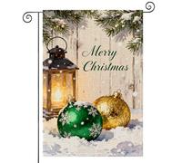Bandieras Da Cortile Merry Christmas Lantern With Green And Gold Ornaments Snow Pine Branches Rustic Wood Tutte Le Stagioni Garden Flag Alta Qualità Bandiera Di Benvenuto Per Esterni Patio S