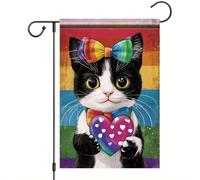 Bandieras Da Cortile Rainbow Cat Cute Black And White Kitten With Heart And Bow For Pride Month Love Equality Spring Tutte Le Stagioni Striscione Alta Qualità Garden Flag Per Esterni Patio M