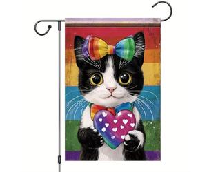 Bandieras Da Cortile Rainbow Cat Cute Black And White Kitten With Heart And Bow For Pride Month Love Equality Spring Tutte Le Stagioni Striscione Alta Qualità Garden Flag Per Esterni Patio S