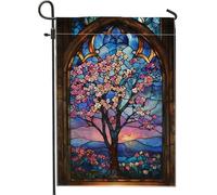 Bandieras Da Cortile Spring Summer Blossoming Tree, Peach Flower Stained Glass Divertente Bandieras Tutte Le Stagioni Bandiera Garden Decorativo Garden Flag Per Esterni Prato Patio 30X45Cm