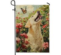 Bandieras Da Cortile Spring Summer Florals Yellow Labrador Dog Butterfly Home Bandiera Di Benvenuto Durevole Bandiera Garden Decorativo Striscione Per Spiaggia Patio Veranda 30X45Cm