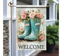 Bandieras Da Cortile Welcome Blue Boots With Pink Roses Life And Love Florals Rustic Durevole Bandiera Garden Alta Qualità Bandiera Di Benvenuto Per Patio Spiaggia M
