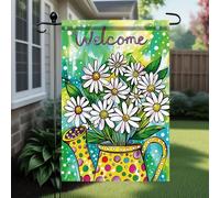 Bandieras Da Cortile Welcome Colorful Flowers In Polka Dot Watering Can For Spring Alta Qualità Bandiera Di Benvenuto Anniversario Divertente Bandieras Per Veranda Prato M