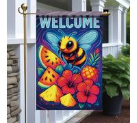 Bandieras Da Cortile Welcome Cute Bee With Tropical Fruit And Hibiscus Flower Alta Qualità Divertente Bandieras Anniversario Garden Flag Per Patio Esterni M