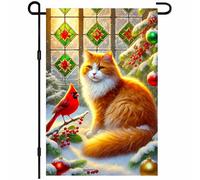 Bandieras Da Cortile Winter Christmas Oranges Cat By Window With Holiday Light And Green Garden Flag Anniversario Bandiera Garden Durevole Bandiera Di Benvenuto Per Spiaggia Prato Veranda M