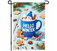 Bandieras Da Cortile Winter Hello Winter Blue Mug With Marshmallow Snowman Cup And Candy Accents Bandiera Garden Decorativo Striscione Tutte Le Stagioni Garden Flag Per Prato Veranda Patio M