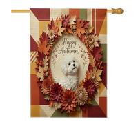 Bandiere autunnali Bichon Frise Dog Front Yard Backyard House 28x40 Double Face per esterni, bandiere per la casa con foglie floreali per le vacanze, bandiera autunnale per portico