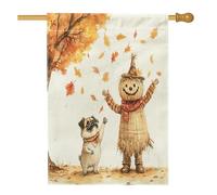 Bandiere autunnali per cani con carlino, 71 x 101 cm, double face, per esterni, con foglie di spaventapasseri autunnali, bandiere per la casa, bandiere per il cortile dei cuccioli