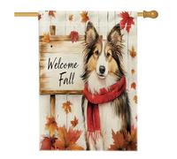 Bandiere autunnali per cani Rough Collie, 71 x 101 cm, double face, per esterni, autunnale, fattoria, cuccioli, bandiera verticale in tela per la casa, con foglia d'acero in legno per animali