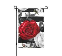 Bandiere con fiori di rosa rossa a strisce nere per esterni, 30,5 x 45,7 cm, stampa su entrambi i lati, bandiera da giardino per esterni, bandiera per vacanze con occhielli, bandiera per casa e
