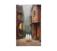 Bandiere con tre simpatici fantasmi in città vecchia e cortile, striscione di auguri stagionale con occhielli, per interni ed esterni, feste e decorazioni per la casa