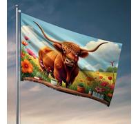 Bandiere Country Boy con mucca delle Highland in un giardino fiorito, bandiera decorativa per la stanza dei ragazzi (120 x 180 cm)