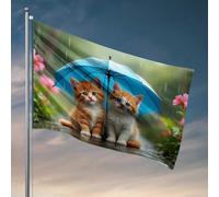Bandiere da appendere nella tua stanza due gattini sotto un ombrello sotto la pioggia bandiera decorazione per uomo grotta inverno giardino bandiere (60 x 90 cm)