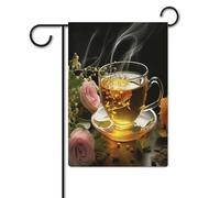Bandiere da cortile, bandiera festiva con stampa tazza di tè, bandiere da giardino per esterni, bandiere da giardino per vacanze, simpatica bandiera da fattoria di campagna divertente