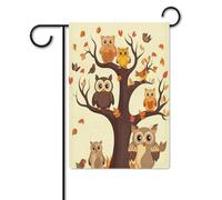 Bandiere da cortile, gufi della famiglia dei cartoni animati su un albero marrone, bandiere da giardino per esterni, bandiere da giardino per vacanze, simpatica bandiera da fattoria di campagna