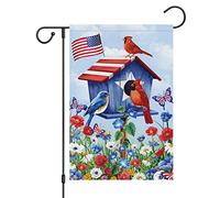 Bandiere Da Giardino 4Th Of July Birdhouse Patriotic Flower Cardinal Bird For Memorial Independence Day Bandiera Decorativa Premium Bandieradacortile Intemperie Pride Flag Per Bar Prato 30X45Cm