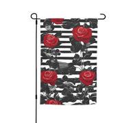 Bandiere da giardino a doppia faccia con stampa di fiori di rosa rossa a strisce bianche nere per decorazioni esterne