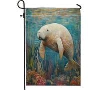 Bandiere da giardino a forma di lamantino in stile trapuntato, 30,5 x 45,7 cm, double face, per esterni, decorazione per esterni, bandiera per la casa, in tela, per il mare, sott'acqua, per esterni